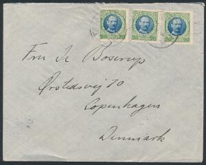 1907. Fr.VIII. 20 Bit, blågrøn. 3 stk. på smukt brev til Danmark, stemplet i ST. THOMAS 28.4.1911.