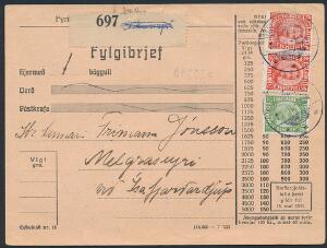 1920. Chr. X 25 aur rød par og 10 Aur grøn. ADRESSEBREV, annulleret FÁSKRÚDSFJORDUR 20.11.1924 til Isafjordadjub.