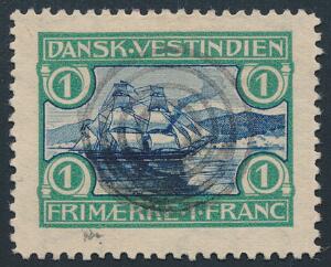 1905. St. Thomas Havn. 1 Fr. grønblå. Perfekt centreret mærke med perfekt placeret 4-ringsstempel. Attest Nielsen. PRAGTEKSEMPLAR.