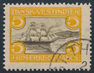1905. St. Thomas Havn. 5 Fr. gulbrun. Variant BRUD PÅ RAMMELINIE UNDER K VE I NORD. AFA 2700