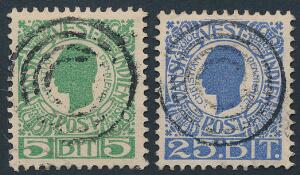 1905. Chr.IX. 5 Bit, grøn og 25 Bit, blå. 2 PRAGT-mærker med perfekte 4-ringsstempler.