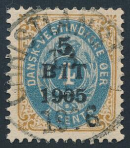 1905. Provisorium. 5 BIT4 c. gulbrunblå. Retvendt LUXUS-stempel CHRISTIANSTED 13.1.1906. Et meget sjældent mærke i denne kvalitet