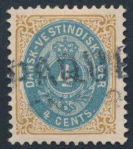 1896. 4 cents, gulbrunblå. Tk.12. Smukt mærke, annulleret med SKIBS-stempel PAQUEBOT.
