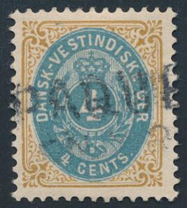 1896. 4 cents, gulbrunblå. Tk.12. Smukt mærke, annulleret med SKIBS-stempel PAQUEBOT.