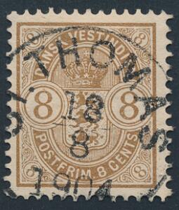 1903. Våben. 8 cent, brun. PRAGT-mærke med retvendt stempel ST. THOMAS 18.8.1904. Et sjældent mærke i denne kvalitet