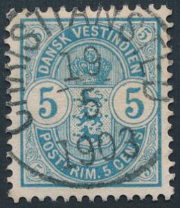 1900. Våben. 5 cent, blå. PRAGT-mærke med retvendt stempel CHRISTIANSTED 19.5.1903.