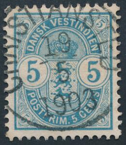 1900. Våben. 5 cent, blå. PRAGT-mærke med retvendt stempel CHRISTIANSTED 19.5.1903.