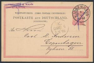1885. Tysk brevkort, 10 pf. rød, sendt fra Stettin 2.6.1885, annulleret med blåkridt. Ved ankomst til København annulleret KJØBENHAVN KB 2.6