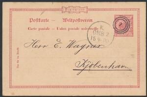 1890. Tysk helsag, 10 pf. rød, sendt med dampskibet Halmstad fra Lübeck til København, efterann. med nr.stempel 1
