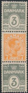 1919. Automat. 3-7-3 Øre, perlegrå-orange-perlegrå. Postfrisk 3-stribe. AFA 5500