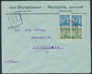 1920. Christian X 20 Aur blå, 5 Aur grøn på anbefalet brev til Danmark. Sendt med SS Island. Annulleret Reykjavik 9.10.21.