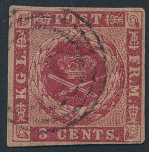 1856. 3 cents, mørkkarmin, brun gummi. Flot stemplet eksemplar med pæne rande. AFA 2800