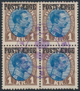 1922. Chr.X. 1 Kr. brunblå. TYPE I lille R. Flot 4-BLOK, annulleret med violet AGGERSUND-stempel. AFA 2400