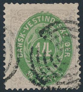 1873. 14 cents, lillagrøn. Pænt stemplet eksemplar med sædvanlig mangelfuld takning. AFA 12000
