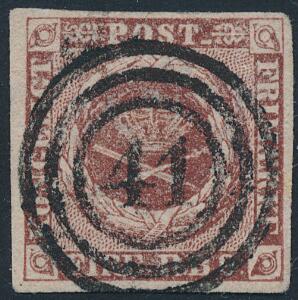 1852. 4 RBS Thiele I, rødbrun. PRAGT-mærke med retvendt nr.stempel 41 MARIBO. Attest Møller.