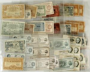 Lille samling pengesedler 1, 5, 10, 20, 50, 100 kr ca. 1914 - 1995, flere bedre, bl.a. 100 kr 1940 B, 1960 t, i alt 55 stk.