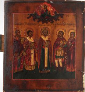 Russisk ikon forestillende fem helgener, herover Kristus som den himmelske biskop. Tempera på træ. 19. årh. 22 x 20.
