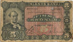 Island, Islands Banki, 1. udgave, 5 kr 1904, No. 075161, Sieg 15, Pick 10, defekt, revers understøttet
