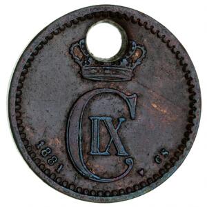 1 øre 1881, H 19A med stort hul oven i kronen