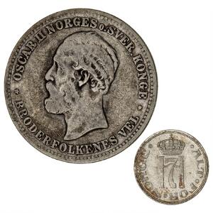 Norge, Oscar II, 2 kr 1878, NM 17 kval. 1, Haakon VII, 10 øre 1909, NM 107 kval. 0-01, i alt 2 stk.