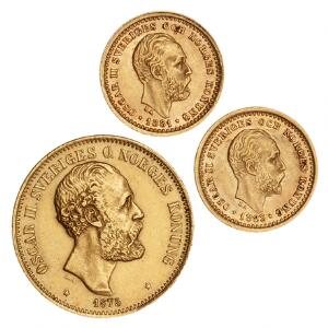 Sverige, Oscar II, 20 kr 1875, 5 kr 1881, 1883, SM 3, 34, 36, F 93, 95, i alt 3 stk.