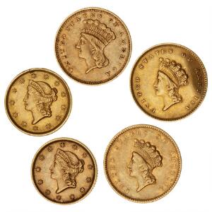 USA, 1 dollar 1852 loddespor, 1853, 1854 2 stk., 1877, KM 73, 83, 86, i alt 5 stk.