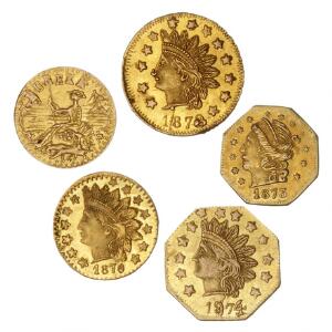 USA, California gold Eureka 1853 14 dollar, 12 dollar 1872, 187473, KM 12.2, 9.2, Terretorial gold, 14 dollar 1873, 1976, KM 2.2, 6.1, i alt 5 stk.