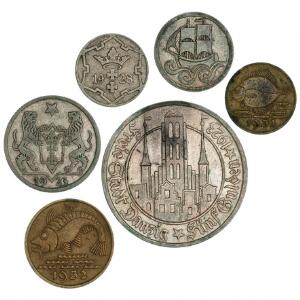 Danzig, 5 gulden 1923, KM 147, øvrige 5 stk. inkl. 12 gulden 1923, 1 gulden 1923 etc., samlet 6 stk.