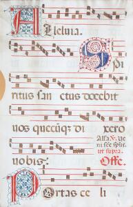 Enkelt pergamentblad fra antifonar, med dekorerede initialer, tekst på begge sider. 16.-17. årh. 49 x 32.