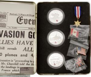 2 samlinger The Allied Forces Silver Proof Collection og D-Day Landings, i alt 9 stk. sølvmønter fra Australien, Canada, England, Frankrig Rusland og USA