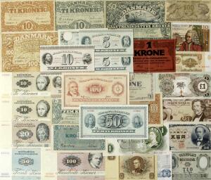 Samling af pengesedler fra Biafra, Danmark, Frankrig, England, Japan, Norge, Sverige og Østrig med flere, i alt 31 stk. i varierende kvalitet