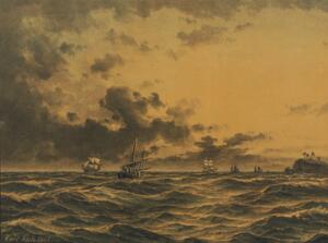 Carl Bille Talrige skibe på havet, i baggrunden kyst med palmer. Sign. Carl Bille 1868. Bly og vandfarve på papir. 22 x 30.