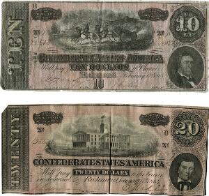 USA, Confederate States of America,  100 dollars 1862, Pick 45, annuleret blanket 10, 20, 50, 100 dollars 1864, Pick 68 - 71