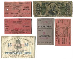 USA, fractional currency, 50 cents 1863 State of South Carolina, 25 cents 1863, samt 4 forskellige nødlejrkuponer