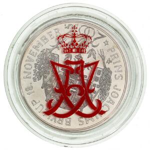 200 kr 1995, prins Joachims og Alexandras bryllup, i plast etui med monogram i rødt, benyttet som gave til gæster og ansatte ved hoffet, plastik lidt defekt