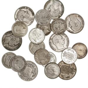 Samling mønter, 1 kr 1875 8, 1915 5, 2 kr 1875 4, 1876 2, 1915, i alt 20 stk. i varierende kvalitet