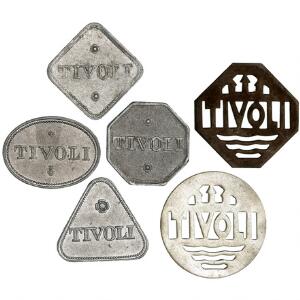 Spillemærke, ES 1300-1303 samt ottekantet og rundt entrémærke til Tivoli, i alt 6 stk.