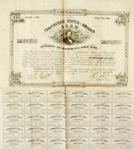 USA, Confederate States of America, Judah P. Benjamin, obligation på 1000 dollars, No. 504, udstedt d. 10 december 1862