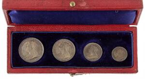 England, Victoria, Maundy Money, 1, 2, 3 og 4 Pence 1898, ucirkuleret sæt i original rød æske