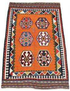 Tyrkisk Kelim tæppe, prydet med klassisk mønster i form af güls. 20. årh. 248 x 153.