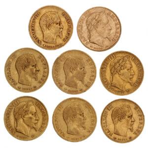 Frankrig, Napoleon III, 10 Francs 1855, 1856, 1857, 1859, 1860, 1862, 1865, 1867, F 576a, 577, 587. 8