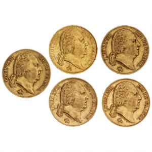 Frankrig, Louis XVIII, 20 Francs 1817, 1818, 1819, 1820, 1824, F 538, 539. 5