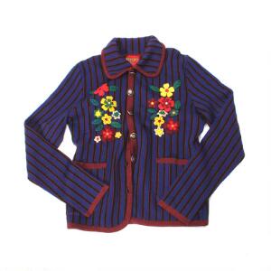 Kenzo Blå, sort og rødstribet cardigan med filtede blomster. Str. M.