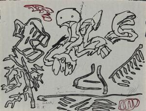 Karel Appel, Pierre Alechinsky A deux pinceaux, 1978. Sign. Appel og Alechinsky, 2675. Akvatinte på gråt papir. Bladstørrelse 56 x 76.