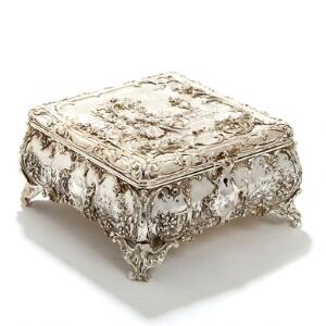 Skrin af sølvplet, rigt støbt med kurtiserende par, landskaber og ornamentik. Ustemplet. Rococoform. 20. årh. H. 12,5. L. 24. B. 24.