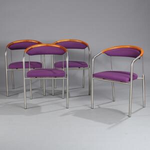 Henrik Tengler Chairman. Et sæt på fire armstole med kopstykker af kirsebærtræ, stel af børstet stål, sæde og ryg med violet betræk. 4