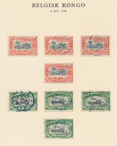 Belgisk Congo. 1898. 3,50 og 10 Fr. Special-samling af 3,50 fr. orangesort og 10 Fr. grønsort, opsat på 5 gamle albumsider. Indeholer mange flotte stempler m.