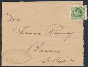 1907. Fr.VIII. 5 Bit, grøn. Single på brevforside, formentligt korsbånd, sendt fra ST. THOMAS 10.3.1914, til St. Croix.