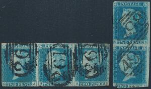 England. 1841. Victoria. 2 d. blå. Parstykke og 3-stribe, begge med defekter.