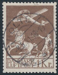 1929. Gl. luftpost 1 kr. brun. Smukt stemplet mærke. AFA 2200